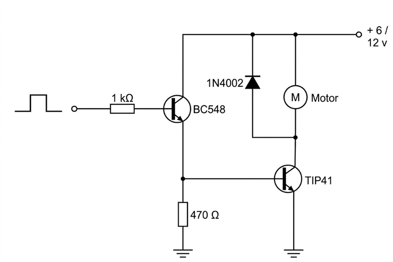 Circuito del problema 3: Etapa de potencia BC548 + TIP41 para motor DC